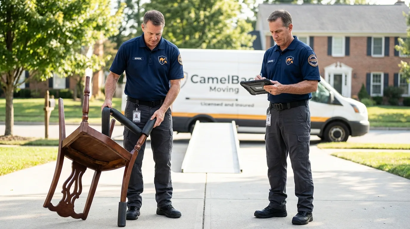 Movers inspecting furniture for damage prevention before loading in Kurtistown, HI