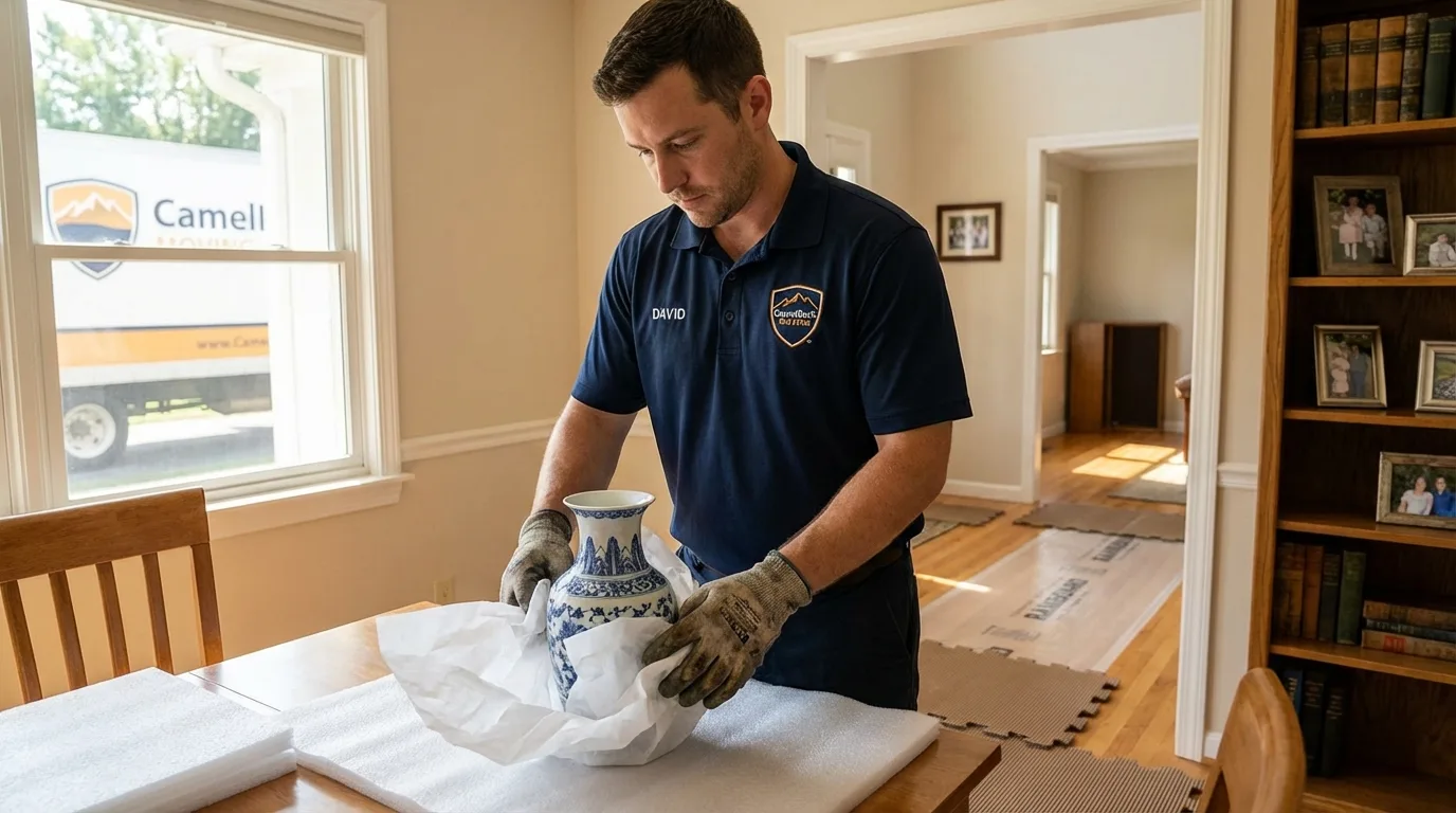 Professional crew carefully wrapping antique vase for senior downsizing move in Kurtistown, HI